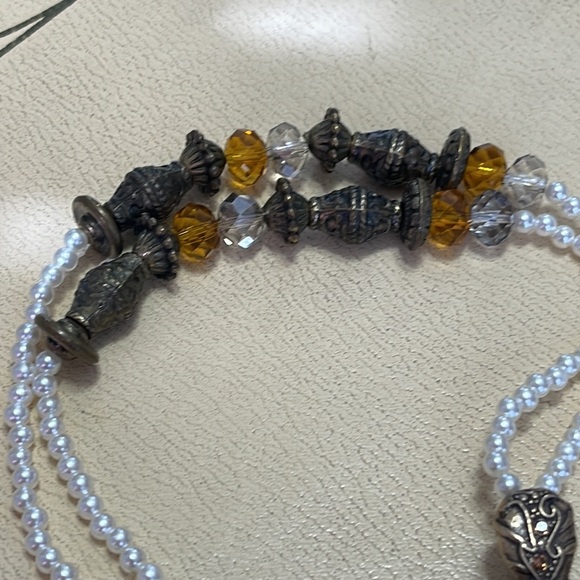 Handcrafted Faux Pearl Gold & Brass Tone Multicolored Faceted Crystal Necklace - Picture 4 of 6